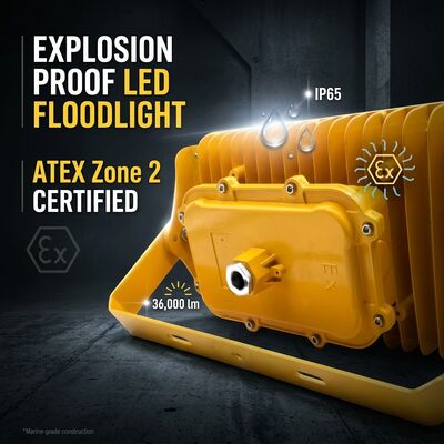 600W LED Explosion Proof Flood Light 90° Flange Mount Structural Platform Yellow ATEX IIB T6 IP65 RFEPL8280 Lighting